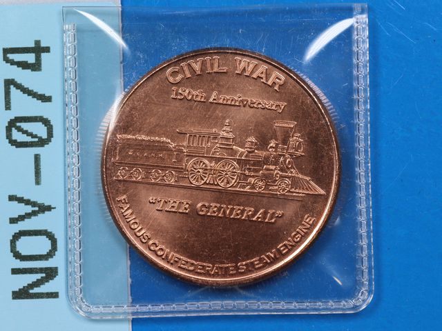 Lot 108-074 - 1oz 999 COPPER ROUND CIVIL WAR 150TH ANNIVERSARY THE GENERAL STEAM ENGINE TRAIN BULLION ROUND