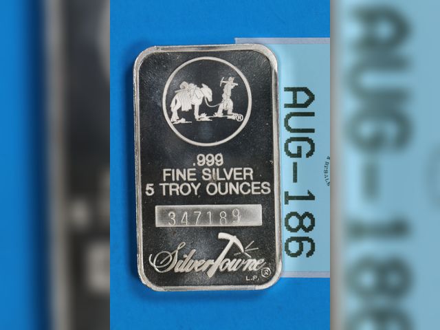 Lot 108-186 - 5oz SILVER FIVE TROY OUNCES .999 FINE SILVER BAR SILVER TOWNE