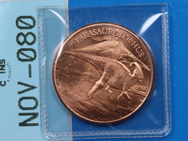 Lot 108-080 - 1oz 999 COPPER ROUND PARASAUROLPHUS DINOSAUR BULLION ROUND