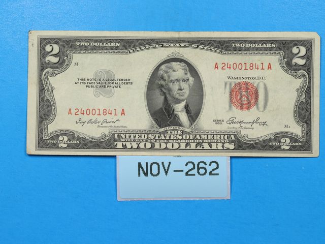 Lot 108-262 - 1953 $2 TWO DOLLAR BILL RED SEAL PAPER CURRENCY