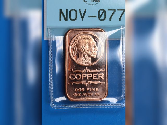 Lot 108-077 - 1oz 999 COPPER BAR INDIAN HEAD DESIGN BULLION BAR