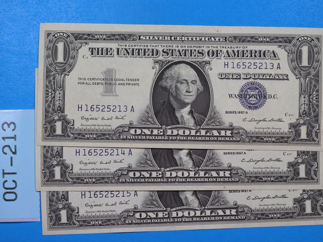 Lot 108-213 - 3 CONSECUTIVE $1 SILVER CERTIFICATES FROM 1957-A CRISP NEW BILLS!