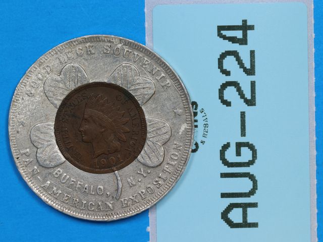 Lot 108-224 - 1901INDIAN HEAD PENNY GOOD LUCK SOUVENIR BUFFALO, NY PAN- AMERICAN EXPOSITION LUCKY PENNY POCKET PIE...