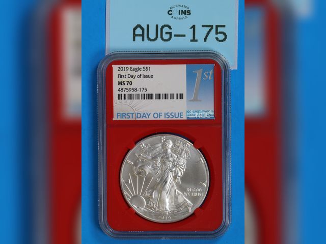 Lot 108-175 - 2019 SILVER AMERICAN EAGLE NGC MS 70 FIRST DAY ISSUE IN GRADED RED SLAB ONE OUNCE SILVER