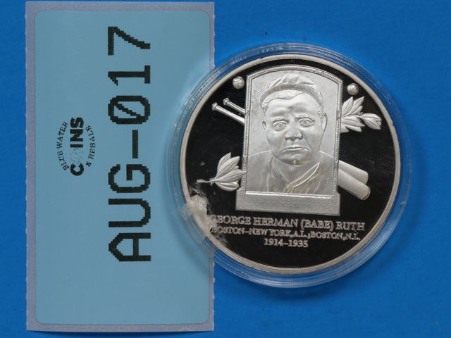 Lot 108-017 - 2013 BABE RUTH GEORGE HERMAN PROOF BASEBALLS GREATEST PLAYERS COIN MEDAL AMERICAN MINT SILVER-PLATED