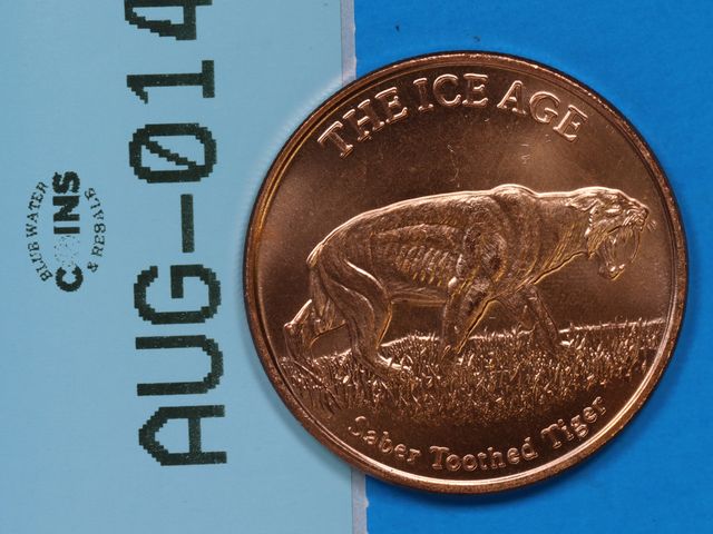 Lot 108-014 - 1oz COPPER ROUND THE ICE AGE SABER TOOTHED TIGER COPPER .999 FINE USA ONE A.V.D.P OUNCE