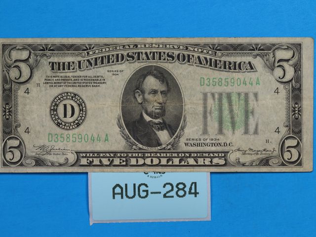Lot 108-284 - 1934 $5 BILL FREDERAL RESERVE NOTE FIVE DOLLARS CLEVELAND OHIO