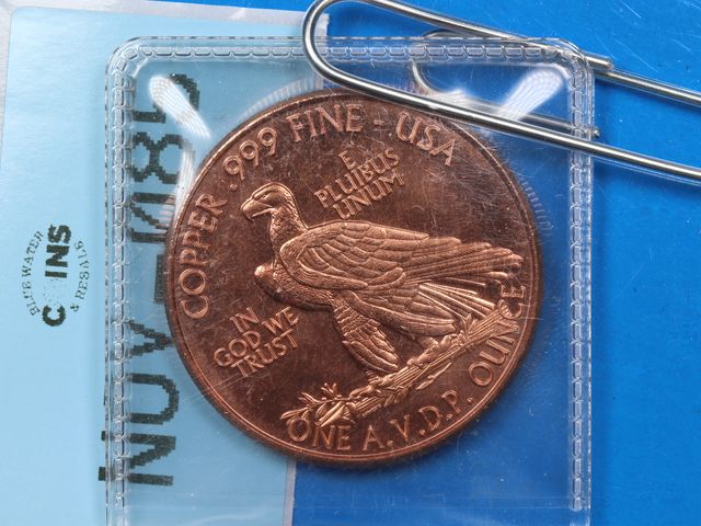 Lot 108-085 - 1oz 999 COPPER ROUND 1907 DATED $10 INDIAN DESIGN BULLION ROUND