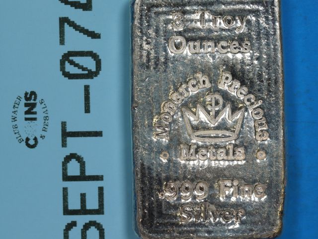 Lot 108-074 - 3oz SILVER BAR MONARCH PRECIOUS METALS 999 FINE SILVER 3 TROY OUNCES HAND POOR