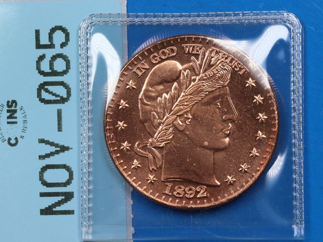 Lot 108-065 - 1oz 999 COPPER 1892 LIBERTY BARBER HEAD DESIGN BULLION