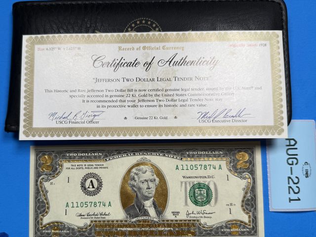 Lot 108-221 - 2003 $2 NOTE JEFFERSON TWO DOLLAR LEGAL TENDER NOTE ACCENTED GENUINE 22KT GOLD WITH PROTECTIVE WALLE...