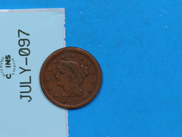 Lot 108-097 - 1851 1C BRAIDED HAIR LARGE CENT VERY FINE + VF + EARLY US TYPE COIN