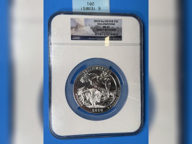 Lot 108-281 - 5oz SILVER LARGE QUARTER YELLOWSTONE MS 69 LARGE 5oz CASE/SLAB NGC EARLY RELEASES SILVER 2010