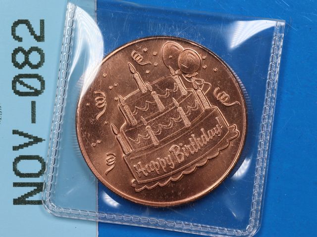 Lot 108-082 - 1oz 999 COPPER ROUND HAPPY BIRTHDAY DESIGN CAKE BALLOONS BULLION ROUND
