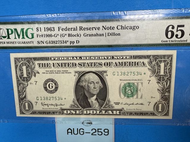 Lot 108-259 - 1963 $1 FEDERAL RESERVE NOTE CHICAGO ONE DOLLAR PMG 65 GEM UNCIRCULATED EPQ GRADED