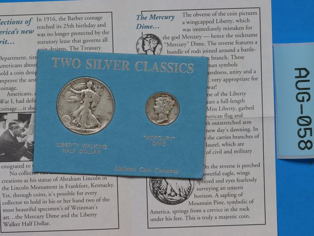 Lot 108-058 - SILVER CLASSICS 1945-S SILVER LIBERTY WALKING HALF DOLLAR 1944-S MERCURY SILVER DIME IN CARD 90% SIL...