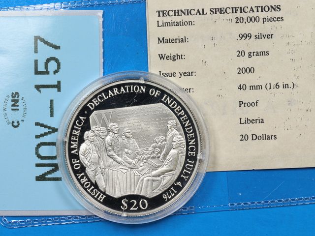 Lot 108-157 - 2000 LIBERIA $20 999 SILVER PROOF COIN DECLARATION OF INDEPENDENCE
