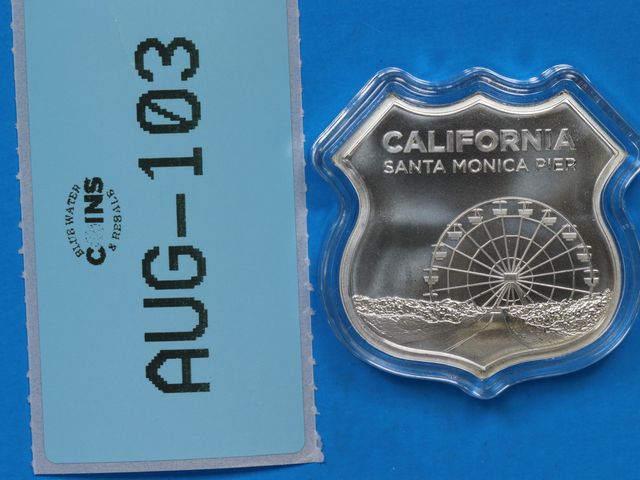 Lot 108-103 - 1oz SILVER ICONS ROUTE 66 SHIELD ONE TROY OUNCE .999 FINE SILVER CALIFORNIA SANTA MONICA PIER ONE OU...