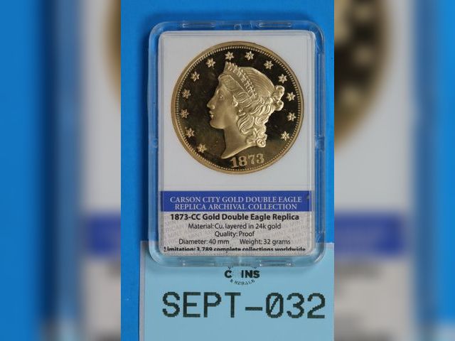 Lot 108-032 - 1873-CC CARSON CITY GOLD DOUBLE EAGLE REPLICA ARCHIVAL COLLECTION 24K GOLD LAYERED PROOF COIN