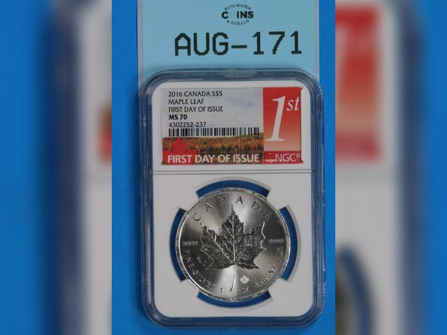 Lot 108-171 - 2016 SILVER CANADA S $5 MAPLE LEAF FIRST DAY OF ISSUE NGC MS 70 FIRST DY OF ISSUE IN GRADED SLAB SIL...