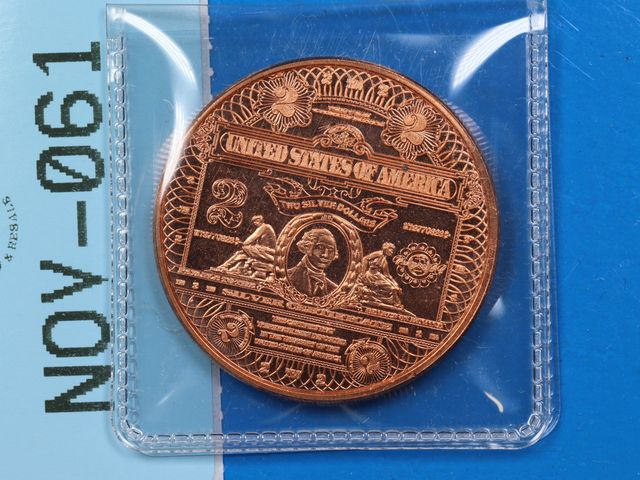 Lot 108-061 - 1oz 999 COPPER ROUND 1899 $2 TWO DOLLAR BILL DESIGN WASHINGTON BULLION