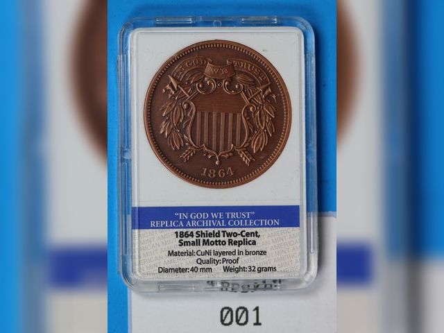 Lot 108-001 - LARGE PROOF 1864 SHIELD TWO-CENT SMALL MOTTO REPLICA IN GOD WE TRUST 2 CENTS COIN IN PLASTIC CASE