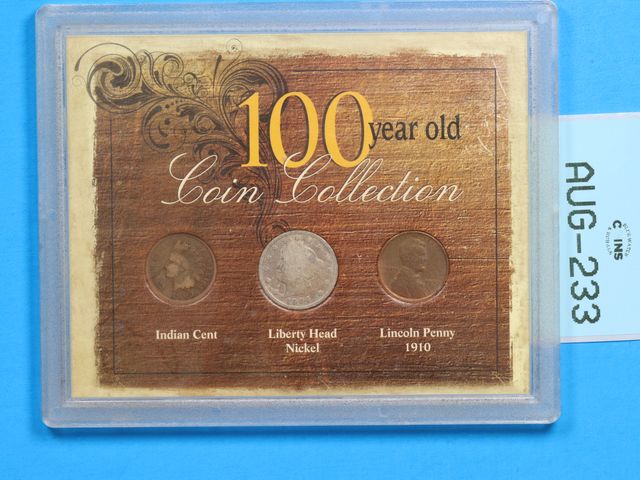 Lot 108-233 - 100-YEAR-OLD COIN COLLECTION SET INDIAN CENT LIBERTY HEAD NICKEL LINCOLN PENNY WHEAT CENT IN PLASTIC...