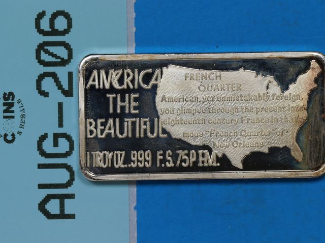 Lot 108-206 - 1 oz SILVER BAR AMERICA THE BEAUTIFUL .999 FINE SILVER ONE TROY OUNCE FRENCH QUARTER NEW ORLEANS HAM...