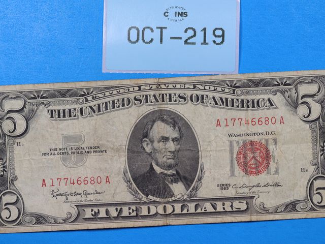 Blue Water Coins & Resale - Lot 108-219 - 1963 $5 LINCOLN TREASURY NOTE ...