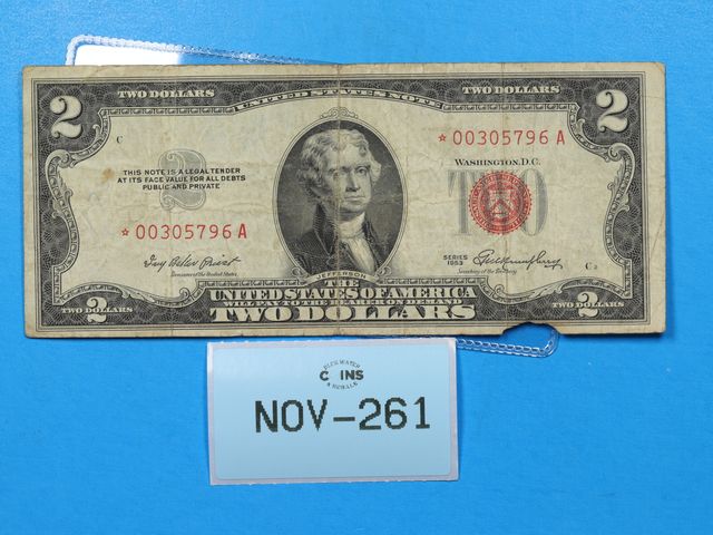 Lot 108-261 - 1953 $2 TWO DOLLAR BILL RED SEAL STAR NOTE UNITED STATES PAPER CURRENCY