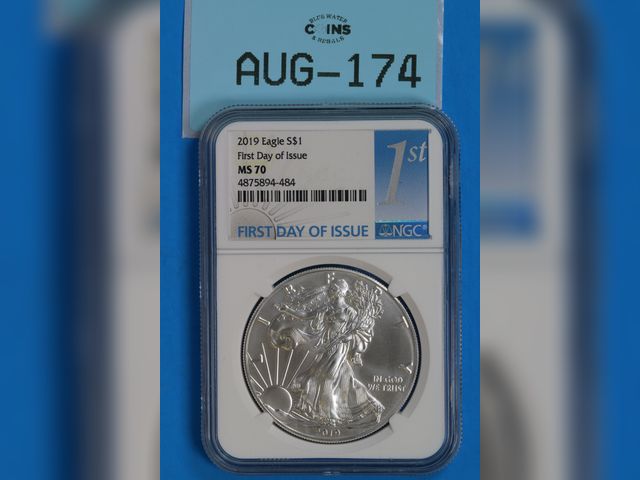 Lot 108-174 - 2019 SILVER AMERICAN EAGLE $1 NGC MS 70 FIRST DAY ISSUE ONE OUNCE SILVER IN GRADED SLAB SILVER