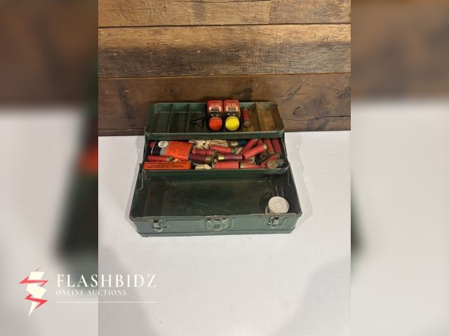 Lot 109-11 - Vintage Green Metal Tackle Box with Mixed Reloading &amp; Gun Supplies