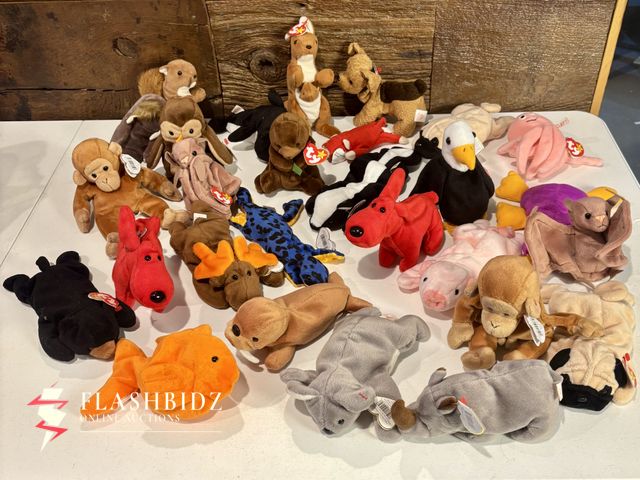 Lot 109-53 - Large Lot of TY Beanie Babies – Vintage Mixed Animals (Monkeys, Moose, Dogs, Fish &amp; More)