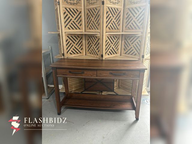Lot 109-72 - Sauder Carson Forge Sofa Table – Rustic Oak Finish with Drawers &amp; Shelf