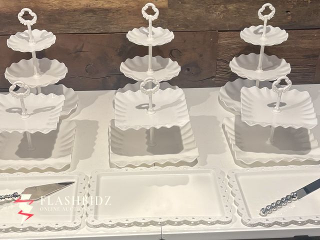 Lot 109-106 - Wedding/Event Serving Set – 3 Round Tiered Trays, 3 Square Tiered Trays &amp; 3 Platters with Utensi...