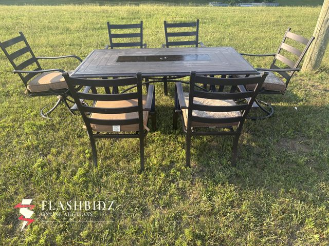 Lot 109-11 - 7-Piece Metal Patio Dining Set with Cushions &amp; Umbrella Holder