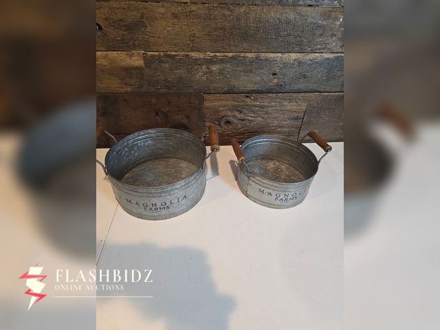 Lot 109-55 - Set of 2 Magnolia Farms Galvanized Metal Tubs with Wooden Handles