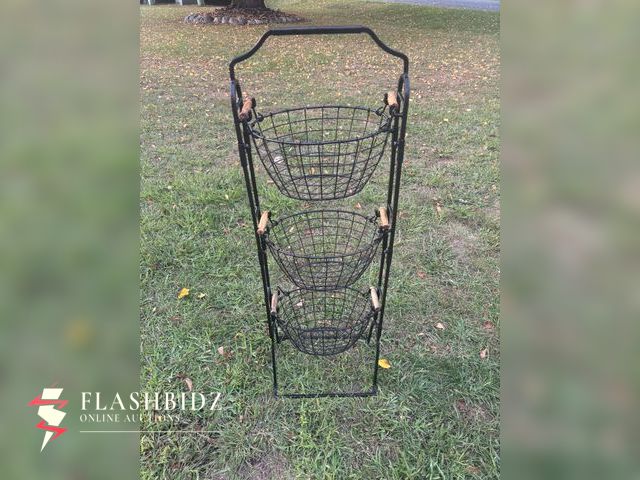 Lot 109-124 - 3-Tier Black Metal Wire Basket Stand with Wooden Handles