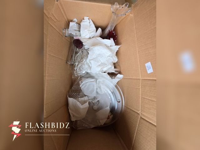 Lot 109-86 - Box Lot of Vintage Glass &amp; Collectible Dishware – 25th Anniversary Plates, Clear Glass, and Ruby...