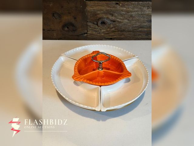 Lot 109-65 - Vintage Ceramic Divided Serving Dish with Orange Center Handle
