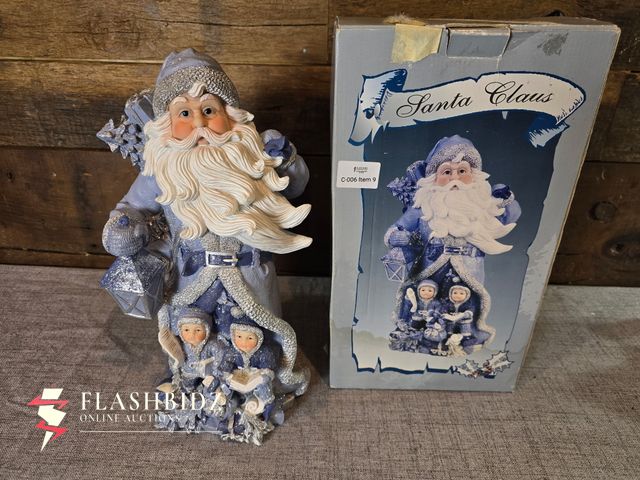 Lot 109-9 - Blue &amp; White Christmas Décor Lot – Santa, Snowman, Train, Nativity &amp; Lighted Village Pieces