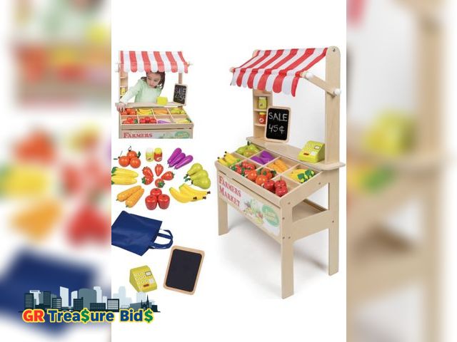 Lot 111-52421 - $139 retail price of Wooden Farmers Market Stand Toy- 30+ Food PCs Include Fruit Veggies Chalkboard ...