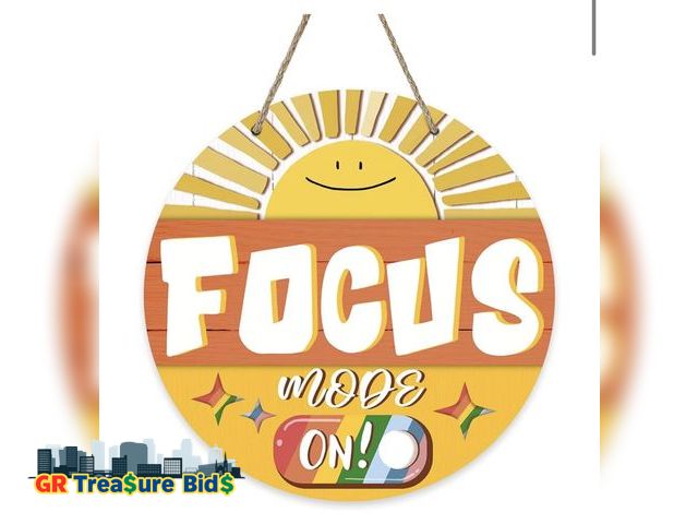 Lot 111-84590 - Focus Mode on Sun Sunshine Front Door Sign, Yellow Inspirational Wood Door Hanger Outdoor Outside Po...