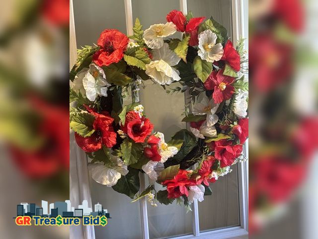 Lot 111-52121 - New Patriotic Wreath for Front Door, 24-Inch 4th of July Wreath with Red Geraniums &amp; American Fl...