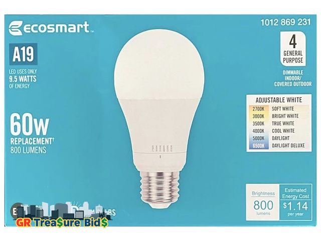 Lot 111-10347 - 60W Equivalent 2700K, 3000K, 3500K, 4000K, 5000K, 6500K Selectable A19 Dimmable LED Bulb (4-Pack), W...