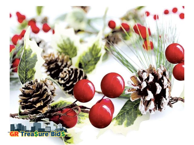 Lot 111-47643 - Winter Garland Christmas Decoration of Red Berries, Pine Cones, Holly &amp; Evergreen Pine Needle – ...