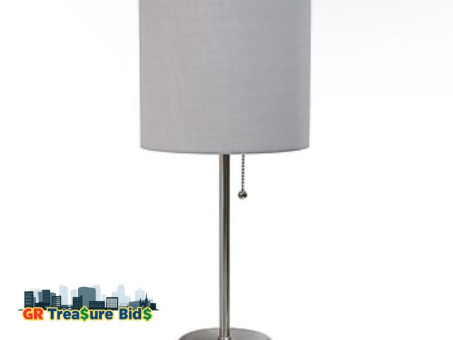 Lot 111-72720 - Simple Designs LT2024-GRY Brushed Steel Stick Table Desk Lamp with Charging Outlet and Drum Fabric S...