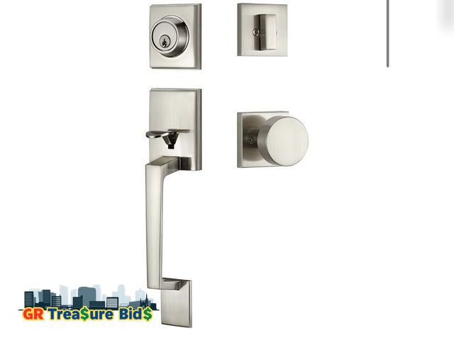Lot 111-63779 - Satin Nickel Front Door Handle Set – Exterior Entry Lock with Single Cylinder Deadbolt &amp; 3 Keys,...