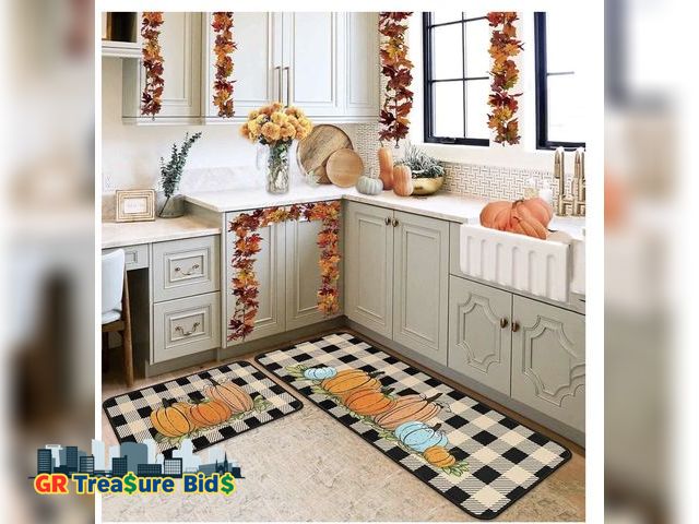 Lot 111-86233 - Buffalo Plaid Pumpkin Fall Decorative Kitchen Rugs Set of 2,Non Skid Washable, Home Seasonal Fall Ho...