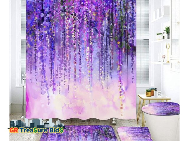 Lot 111-27481 - Purple Floral Shower Curtain Set with Non-Slip Rugs, Toilet Lid Cover and U Shape Bath Mat, Farmhous...